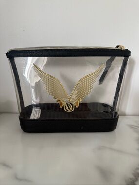 Victoria's Secret Clear Cosmetic Bag with Black Trim and Gold Wing Emblem